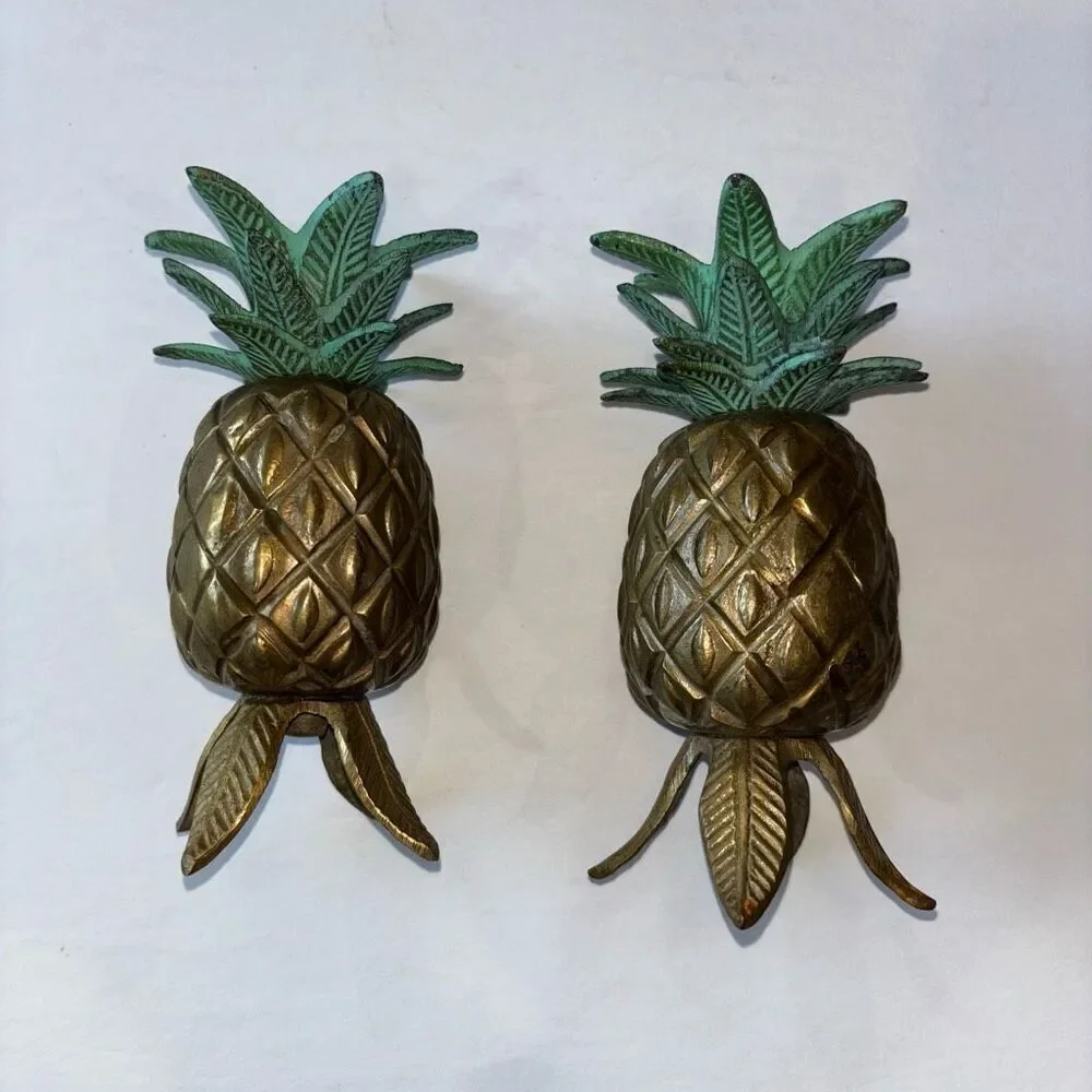 Vintage Pair Solid Brass & Green Pineapple Candle Holders